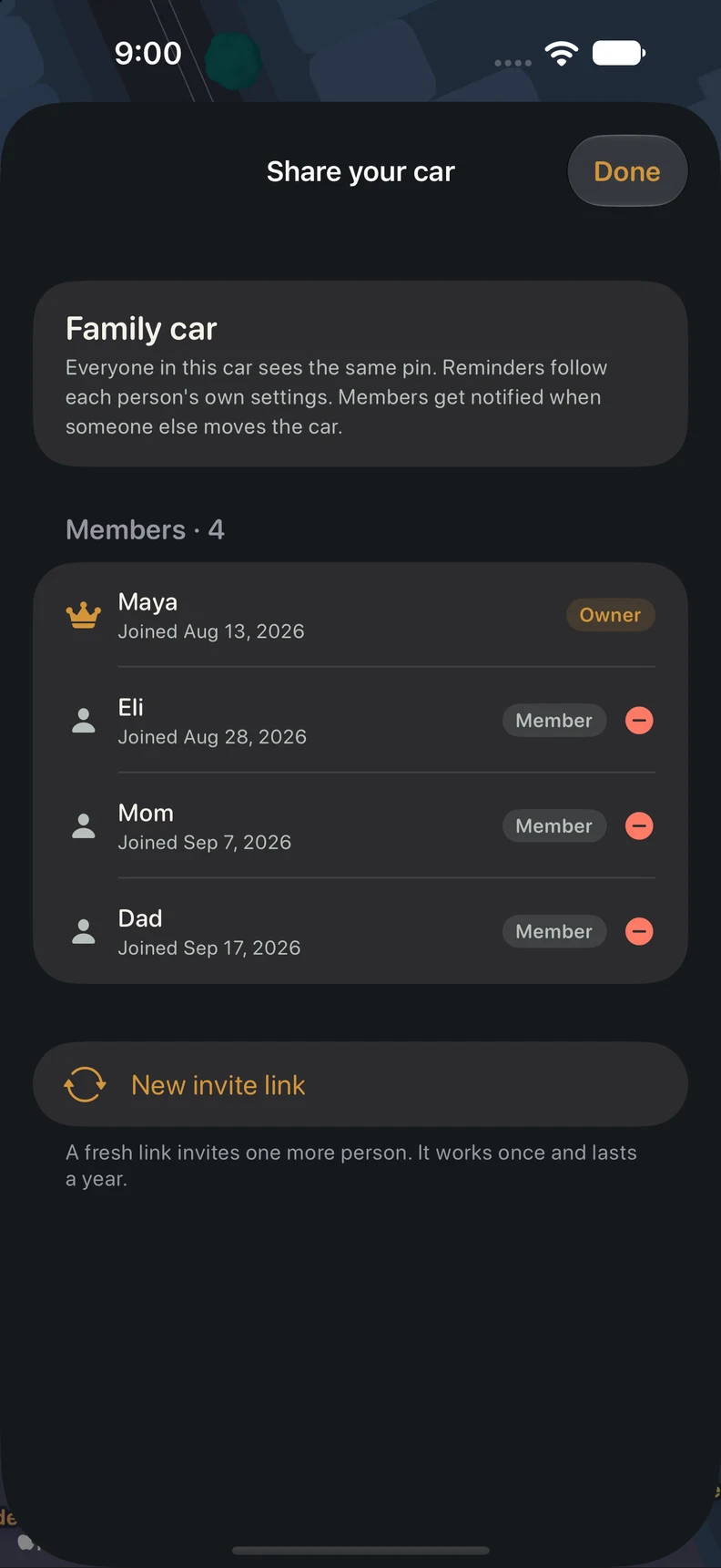 Park with Spark family car sharing screen with Maya, Eli, Mom and Dad.