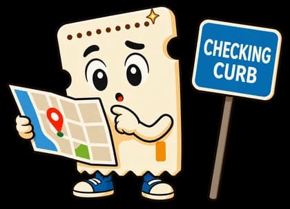 Sparky reading a map beside a Checking curb sign.