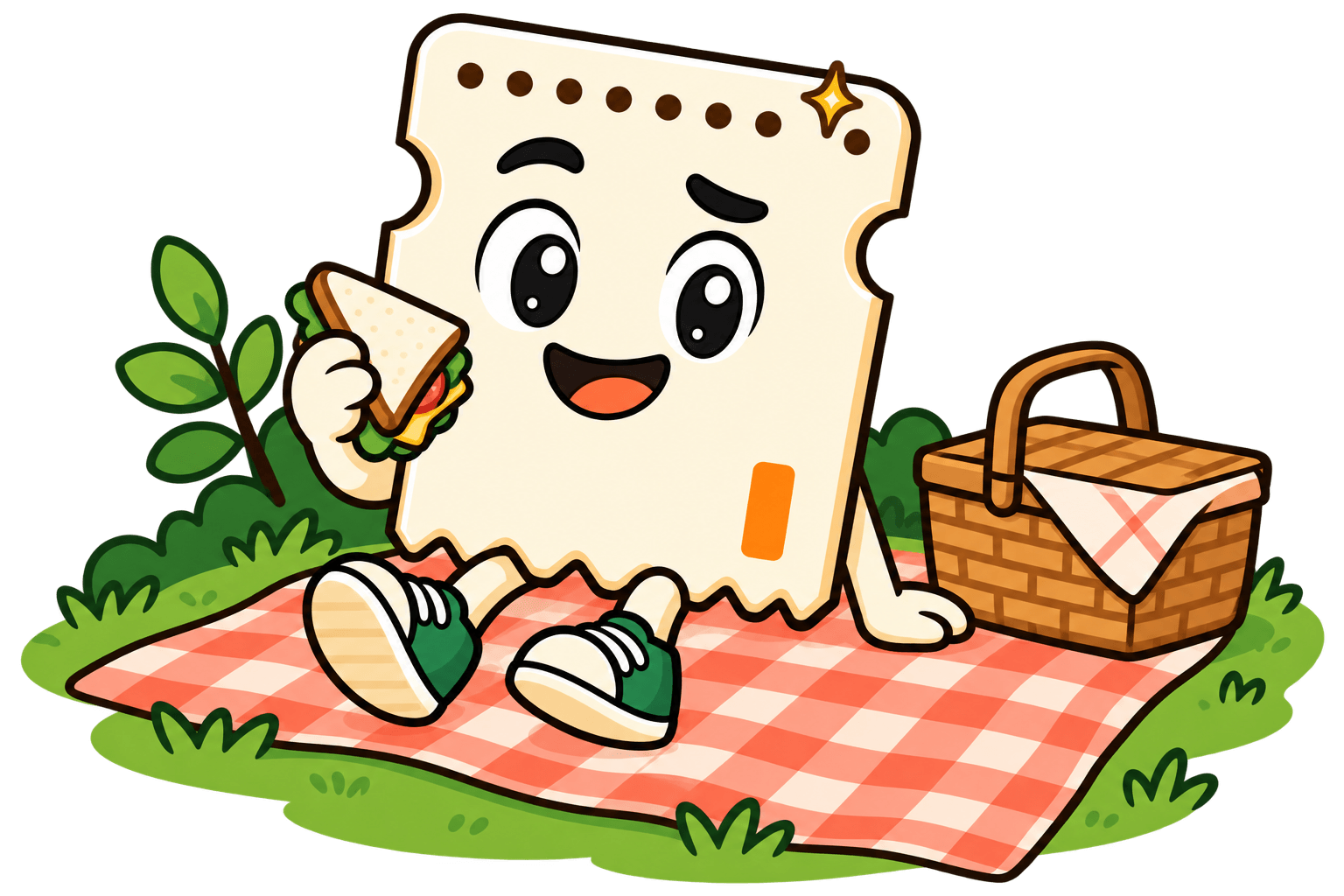 Sparky relaxing on a picnic blanket in the park with a sandwich and basket.